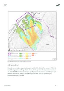 En kartografisk framstilling (modellering) av et snøskredområde med overlagte kartdata, inkludert topografi, vegnett og arealbruk.
