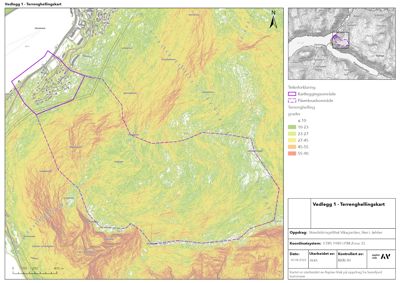 Et terrenghellingskart som viser terrengformingen (fargekodet etter grader) og grenser for kartleggings- og påvirkningsområder i et område ved Sike i Jæster.