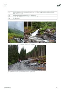 Fotografier av et skogsområde med en nyetablert skogsvei og en eksisterende vold, inkludert tekster som beskriver infopunkter.