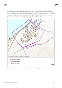 Kart som viser et kartleggingsområde (lilla), et påvirkningsområde (stiplet lilla) og kastelengder (rosa) i et terreng med konturlinjer.