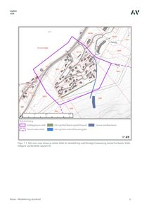 Kart som viser skisse av tenkte tiltak for skredsikring med forslag til plassering hentet fra Asplan Viaks tidligere utarbeidede rapport.