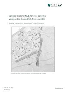 Kart eller situasjonsplan som viser et skredfelt med plassering av hus og veier i Vikagarden.