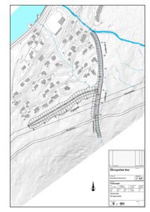 Situasjonsplan som viser topografi, vannveier (Lødevoll 1, 2, Lødekammen) og bebyggelse i Sikringstiltak Skei-prosjektet.
