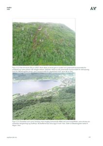 Dokumentet viser to dronefotografier (Figur 3-2 og Figur 3-3) av et terreng med skog, fjell og et vann. Bildene illustrerer et område som er vurdert for snøskred og som et potensielt bustadfelt.