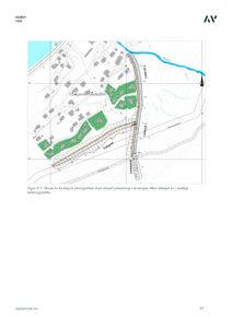 Situasjonsplan som viser et forslag til sikringstiltak (Løft 1 og Løft 2) i Viksgarden bustadfelt, inkludert topografi, eksisterende veier og bygninger.