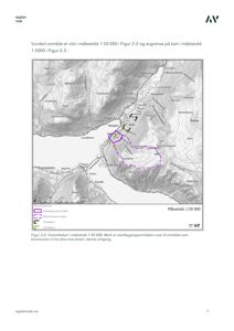 Oversiktskart over et område med topografiske linjer, stednavn og markerte kartleggingsområder.