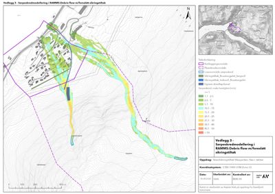 Kart som viser et kartleggingsområde med overlagte data om erosjon og sedimenttransport (debris flow) i et sikringstiltaksområde.