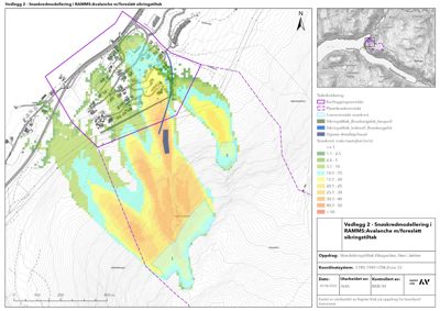 Kart som viser snøskredmodellering (hastighetskart) over et område med bygninger og terrengkonturer.