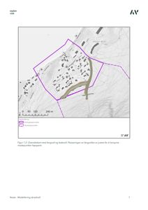 Oversiktskart (situasjonsplan) som viser et område med bygninger, terrengform og en planlagt fangvoll (grønn linje) og ledvoll (lilla linje).