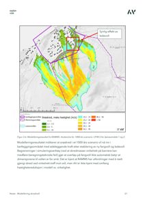 Kart som viser et snøskredmodelleringsresultat (RAMMS) med fargekodet hastighetsfelt, kartleggingsområder og løseområder.