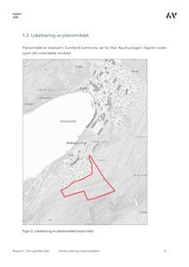 Kart over Skei i Sunnfjord kommune som viser et planområde markert med en rød polygon.