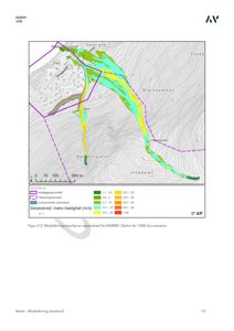 Kart som viser et asplan (asfaltplan) for en skredmodellering i Vikadalen, med overlagte kartlag for flom og skredområder.