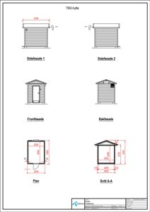 Fasadetegning med snitt og plan for en TM3-hytte
