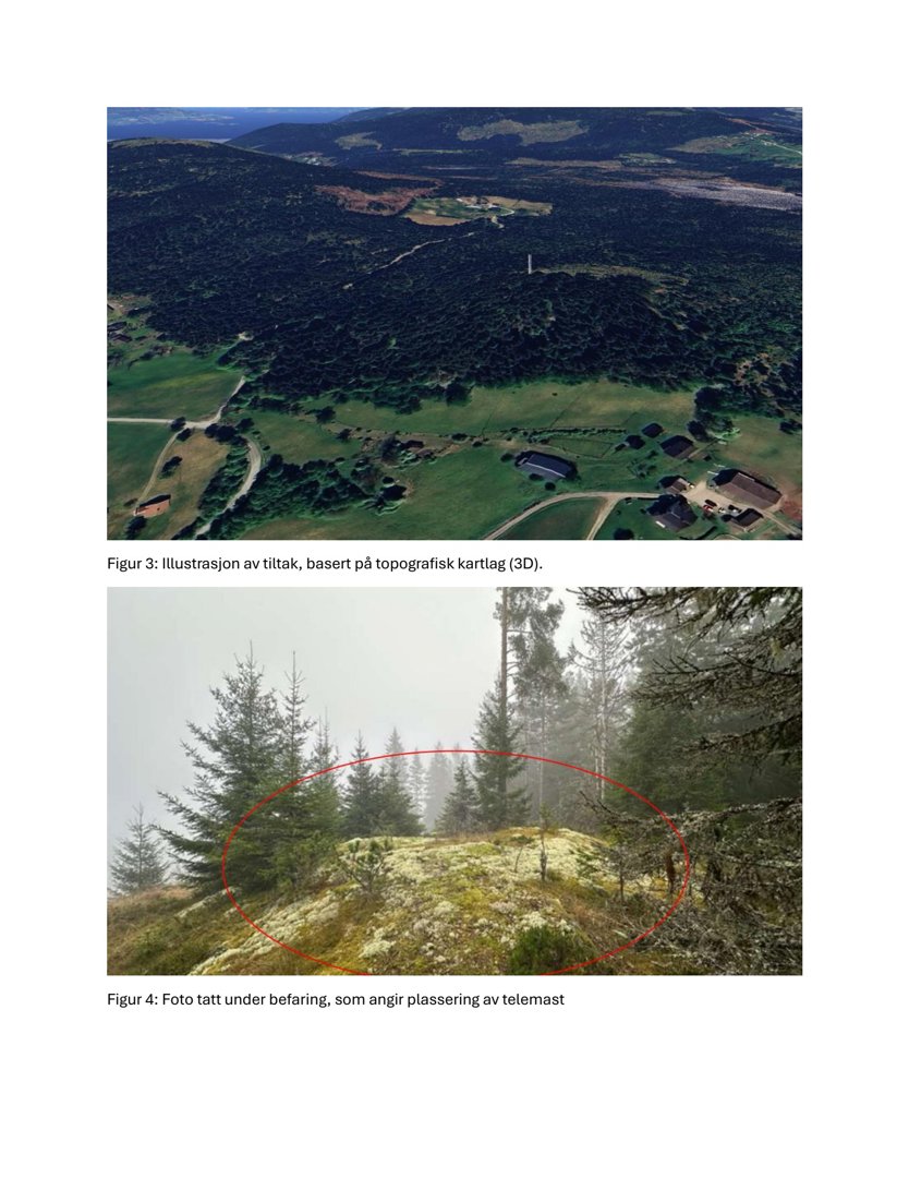 Bildet viser to bilder: øverst en 3D-illustrasjon (rendering) av et landskap med tiltak, og nederst et fotografi av et skogstomt med en markert plassering for en telemast.