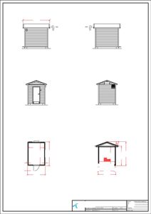 Fasadetegning med snitt og plan for en TM3-hytte
