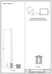 Tegning som viser målsetting og oppriss av en mast (STC) med en hytte, inkludert mål og skala.