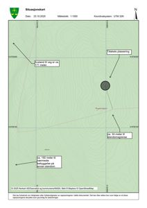 Situasjonskart som viser plassering av tiltaket i forhold til vei, eiendomsgrenser og nabolag.