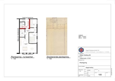 Bildet viser to plantegninger for en leilighet: en ny planløsning (venstre) og en eksisterende planløsning (midten). Begge er tegnet i målestokk 1:100 og viser romfordeling, dører og vinduer.