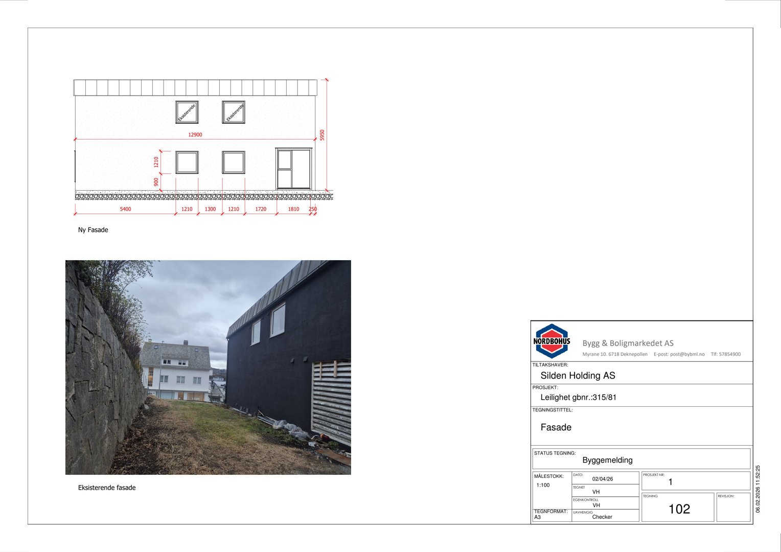 Bildet viser en tegning med oppriss av en ny fasade med mål, samt et fotografi av den eksisterende fasaden. Dokumentet er en byggegodkjenning for en fasade.