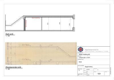 Bildet viser to snittegninger (nytt snitt og eksisterende snitt) av en bygning med mål og detaljer.