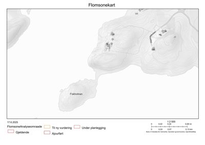 Flomsonekart som viser topografi, bygninger og flomsoneområder med legenden nederst.