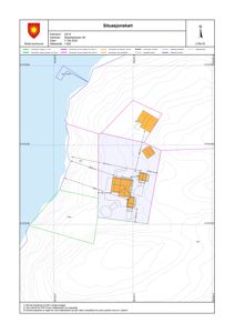 Situasjonskart som viser tomtens beliggenhet, grenser, høydeforhold (konturlinjer) og plassering av eksisterende og planlagte bygninger.