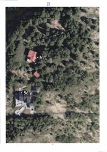 Satellittbilde (flyfoto) av et område med to eiendommer merket 52 og 56, inkludert skog og terreng.