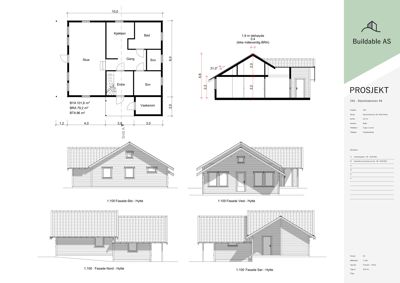 Bildet viser en samling fasadetegninger for en hytte, inkludert et oppriss (skisse) og fire utsnitt (Nord, Sør, Øst, Vest) med mål og detaljer.