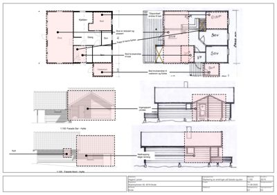 Tegning som viser fasadeoppsett for en hytte sett fra sør og nord, med merking av endringer i forhold til eksisterende.