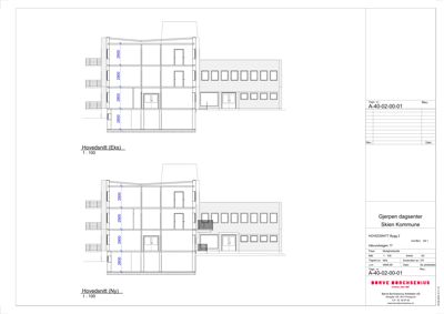 Hovedsnitt (Eks) og Hovedsnitt (Ny) av Gjerpen dagsenter, som viser tverrsnitt gjennom bygningen med mål og detaljer.
