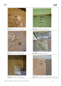 Fotografier av prøver (Bilde B5-B10) tatt fra gulvbelegg og terrazzo i bygningen.