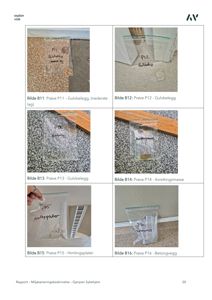 Fotografier av prøver (Bilde B11-B16) tatt fra et bygg, inkludert gulvbelegg, avrettingsmasse, himlingsplater og betongvegg.