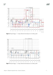 Bildet viser to riveplaner (etasjeplaner) for 'Bygg 1' på henholdsvis 1. og 2. etasje. Det er tegnet oppriss av rom, vegger og porter, med berørte konstruksjoner markert i blått og rødt.