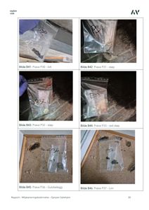 Fotografier av prøver (kitt, støp, gulvbelegg, lim) som er tatt fra en bygning under eller etter asplanering.