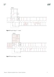 Bildet viser to etasjeplaner (1. og 2. etasje) for 'BYGG 2' i en rapport om miljøsanering.