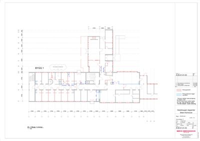 Etasjeplan (RIVETPLAN 1) for 'BYGG 1' som viser romfordeling, vegger og dimensjoner.