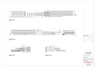 Fasadetegning som viser bygningens utseende fra fire sider (Øst, Vest, Sør og Nord).