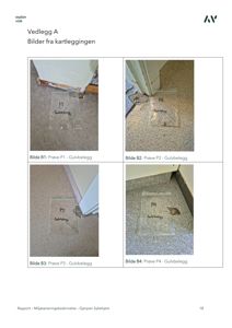 Fotografier av gulvbelegg som er tatt ut for prøvetaking (merket P1-P4) i forbindelse med en kartlegging.