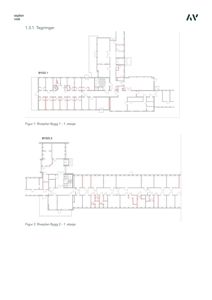 Bildet viser to riveplaner (etasjeplaner) for 'BYGG 1' og 'BYGG 2', som illustrerer romfordeling og vegger på første etasje.