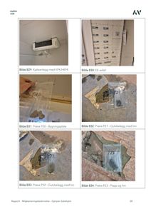 Et dokument med en samling av 6 fotografier som viser byggtekniske prøver og installasjoner, inkludert kjøleanlegg, EE-avfall og materialprøver (byggningsplate, gulvbelegg).