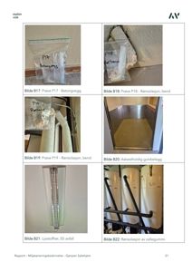 Et bilde fra en rapport som viser prøver av byggematerialer (betongvegg, rørisolasjon, gulvbelegg, lysstoffrør) og rørisolasjon av cellegummi.