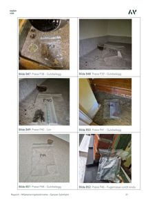 En samling fotografier av prøver (P38-P46) tatt fra gulvbelegg, lim og fugemasse i en bygning.