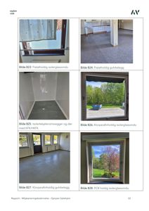 En samling av seks fotografier som viser detaljer fra en bygning, inkludert vinduer og gulvbelegg.