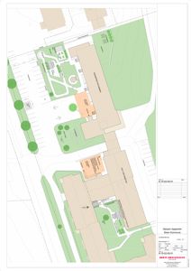 Situasjonsplan som viser bygningenes plassering, parkeringsplasser, veier og beplantning på tomten.