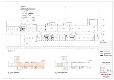 Etasjeplan for 1. etasje i en bygning (BYGG 2) som er planlagt til dagavdeling for demens. Tegningen viser romfordeling, vegger, dører og arealbruk for ulike funksjoner.