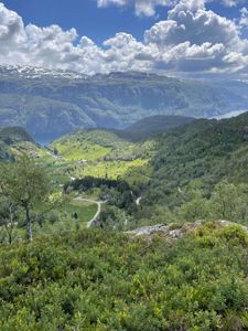 Fotografi av et fjordlandskap med fjell, grønt dalføre og en liten bebyggelse i bakgrunnen.