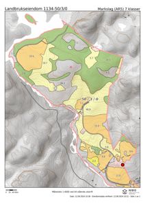Kart over eiendom med markslag (AR5) og arealoppdeling, inkludert høydekurver og infrastruktur.