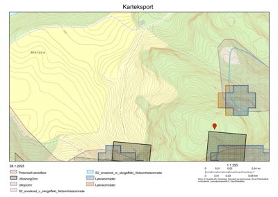 Kart med topografisk underlag (konturlinjer) og overlagte kartlag som viser skredfare, utløsning, utløp og snøskredområder.