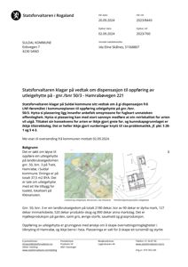 Et dokumentbilde (screenshot) av en klagesak fra Statsforvalteren i Rogaland om dispensasjon for utleiehytte. Bildet inneholder tekst og to små innleste tegninger.