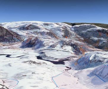 Kart over et fjellområde med overlagte geometriske former som markerer eiendeler eller planlagte områder.